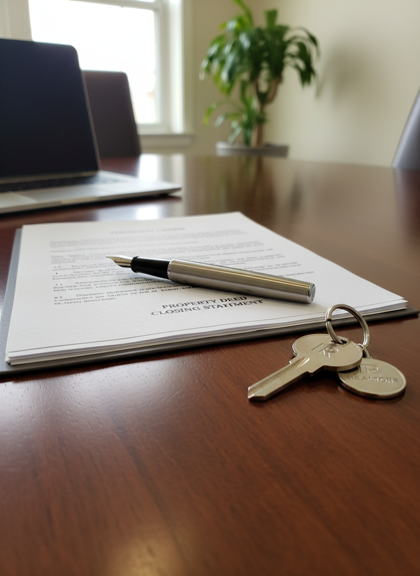 A detailed close-up of a polished real estate closing setup, captured in photographic realism to convey professionalism and trust. On a dark wooden conference table sits a neat stack of property documents with a visible but unreadable header, a high-quality metal pen laid diagonally across them, and a small, unobtrusive keyring holding a modern house key resting to the side. A soft-focus background suggests the edge of a laptop and a tasteful plant. Overhead, diffuse office lighting combines with a hint of window daylight, creating soft reflections on the pen and key. Shot from a low, close angle with shallow depth of field, the composition emphasizes the documents and key, conveying a sense of completion, success, and smooth transactions with a REALTOR® in Southern Middle Tennessee.