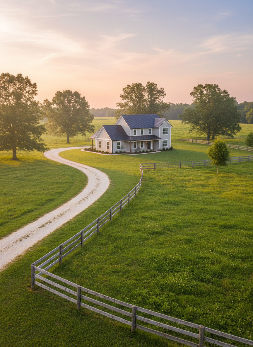 A serene rural property scene typical of Southern Middle Tennessee and North Alabama, shown in photographic realism. A well-kept farmhouse-style home with light siding and a metal roof sits mid-frame, set back from a gently curving gravel driveway. Rolling green pastureland surrounds the home, with a simple wooden fence running diagonally through the foreground to add depth. A few mature trees cast dappled shade, and soft, hazy evening light creates a golden rim along the roofline and fence posts. The sky shows the pastel colors of early sunset. Shot from a slightly elevated distance with sharp focus throughout, the composition conveys peaceful country living, ideal for marketing acreage and rural homes in Valerie Werne’s service area.