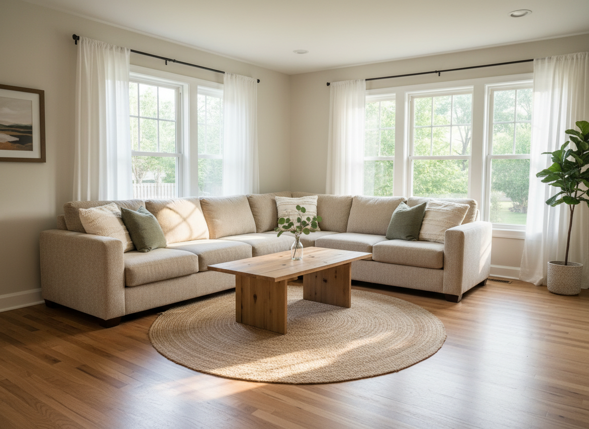 A sunlit Southern Tennessee living room staged for a real estate listing, captured in photographic realism. The room features neutral-toned walls, a large, soft beige sectional sofa with textured throw pillows, and a simple wooden coffee table with a small vase of fresh greenery. Large windows along one wall reveal a glimpse of leafy backyard trees common in Lawrenceburg neighborhoods. Late-morning natural light floods the space, creating bright highlights and soft, inviting shadows. The camera is positioned at eye level from a corner of the room, showcasing depth and openness, with clean lines and minimal decor to emphasize spaciousness. The atmosphere is warm, calm, and move-in-ready, evoking a professional, trustworthy real estate presentation.