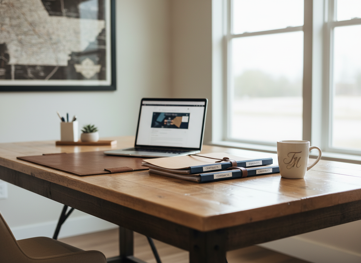 A bright, organized real estate workspace styled for a Southern Tennessee REALTOR®, shown in photographic realism. A large wooden desk with a smooth, lightly grained surface holds a sleek open laptop displaying a blurred property search screen, a stack of neatly arranged contract folders, and a ceramic mug with a subtle, abstract emblem implying a local brokerage brand without readable text. A large window to the right lets in soft, diffused morning light, casting gentle shadows and subtle reflections on the desk. On the wall behind, an out-of-focus framed map of Southern Middle Tennessee and North Alabama hangs. Shot from a slightly elevated angle with shallow depth of field, the mood is professional, efficient, and client-focused, ideal for a real estate website’s “About” or “Services” section.