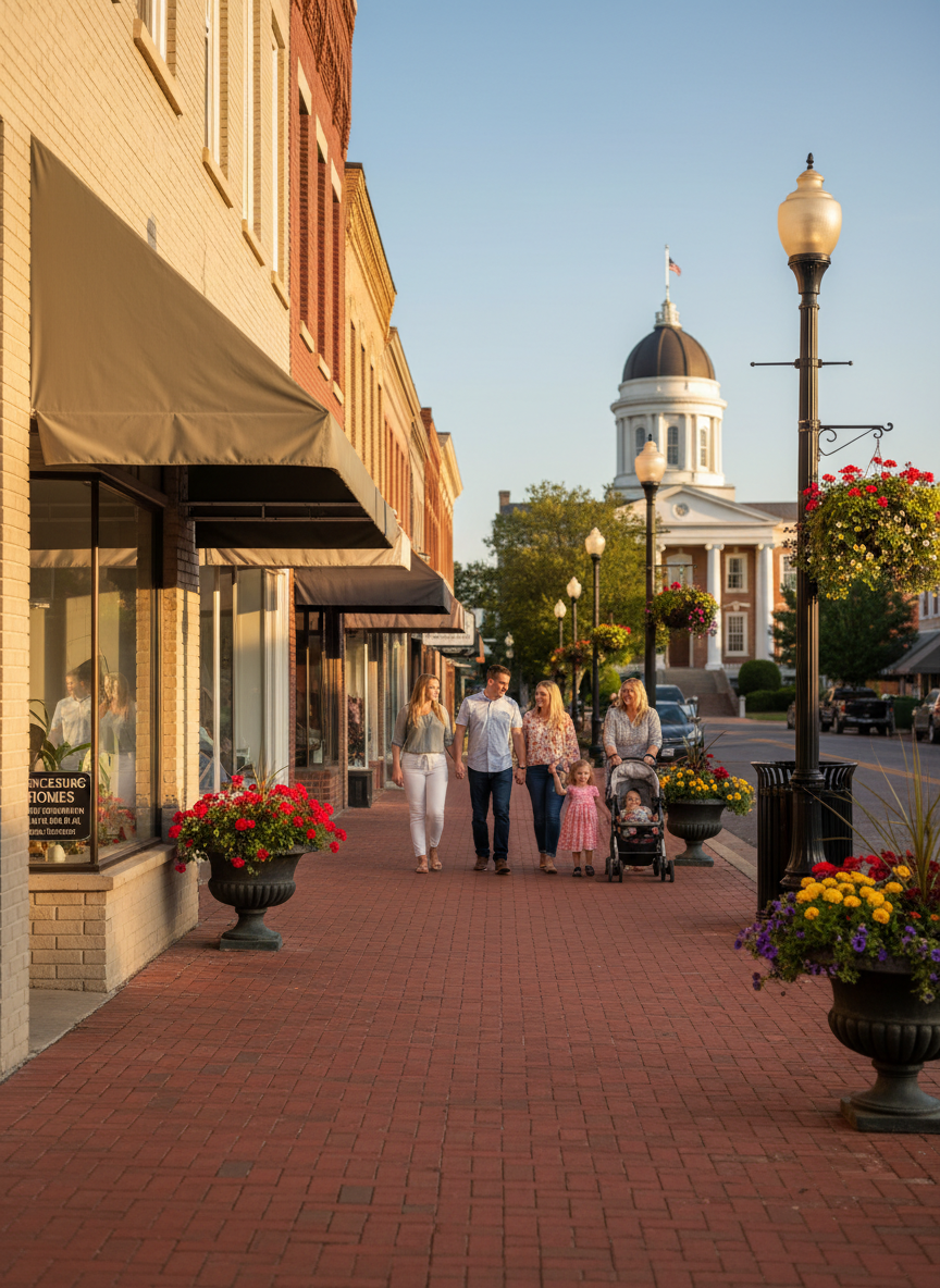 A picturesque downtown Lawrenceburg, TN streetscape in photographic realism, highlighting small-town charm relevant to local real estate. A clean, brick-paved sidewalk runs alongside historic brick buildings with large display windows and subtle awnings in muted colors. Planters with seasonal flowers and well-kept streetlamps line the walk. In the distance, a slightly blurred courthouse-style building suggests local civic life. Soft late-afternoon light bathes the scene in a warm glow, creating gentle shadows along the storefronts. The camera captures the street from a slightly low angle, looking down the block to give a sense of depth and community. The mood is welcoming and neighborly, supporting the idea of lifestyle and location for buyers considering Southern Middle Tennessee or North Alabama.