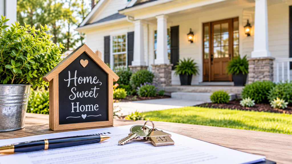Welcoming home with front porch, house keys, and Home Sweet Home sign representing the first-time homebuying journey.